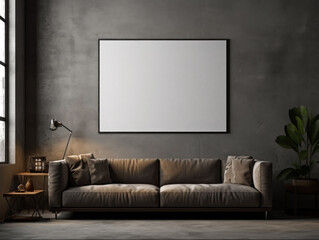 Interior of modern living room with beige sofa and blank poster. Mock up, Loft living room interior design with blank frame, Generative Ai
