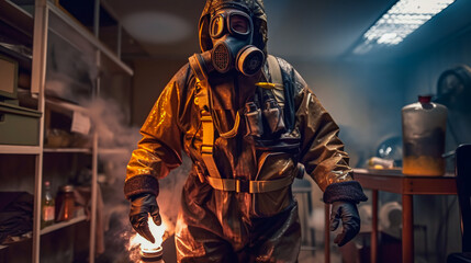 Firefighter in protective suit, helmet and gas mask extinguishing flame. Dark background with smoke and fire. Generative AI. High quality illustration