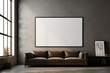 Interior of modern living room with beige sofa and blank poster. Mock up, Loft living room interior design with blank frame, Generative Ai