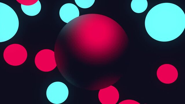 3D Animation - Looped animated abstract mockup with transparent circle for copy space and blue and red spheres around it on dark background