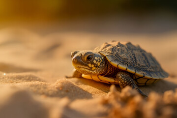 Obraz premium Close up Adorable little sea turtle with shell crawling on sandy beach in daytime. Baby sea turtle making their first step into ocean. Generative ai