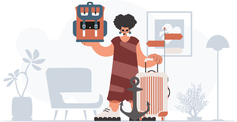 ﻿The eager lady is holding a travel rucksack and a loot. The concept of rest and travel. Trendy style, Vector Illustration