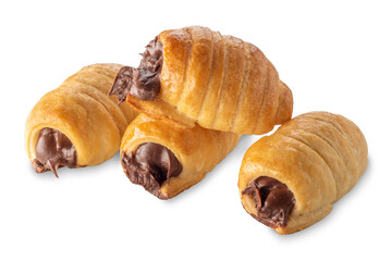 Puff pastry cannoli filled with chocolate cream isolated