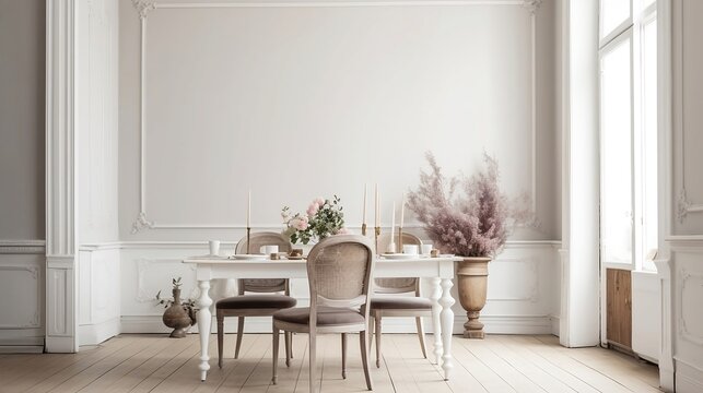 Elegant dining room, Vase with flowers on wooden table. Vintage chairs. White wall molding background, Elegant flat, home