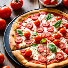 Delicious fresh pizza with tomato and cheese