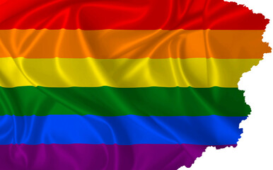 Rainbow flag with torn edges waving in the wind on silk texture