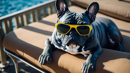 Fototapeta na wymiar French bulldog dog with sunglasses sunbathing and sleeping on sun lounger. summer and vacation concepts. (Generative AI)