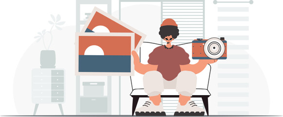 ﻿The individual holds a camera and photos in his hands. The concept of rest and travel. Trendy style, Vector Illustration