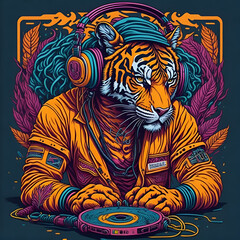 Fototapeta premium Highly detailed colorful graffiti illustration of a Tiger as DJ, wearing headphone