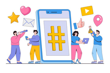 Social networks concept with hashtag sign on phone and people characters. Outline design style minimal vector illustration for landing page, web banner, infographics, hero images