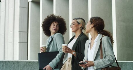 Teamwork, friends and business women walking in the city on their morning commute into work. Collaboration, corporate and professional with a female employee team taking a walk in an urban town - Powered by Adobe