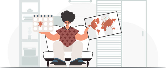 ﻿The person holds a calendar and a organize of the world in his hands. The concept of rest and travel. Trendy style, Vector Illustration