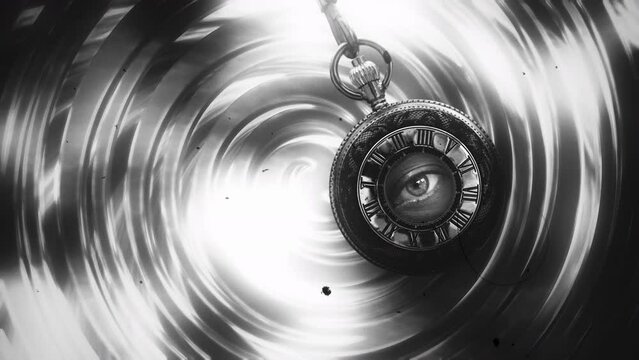 Hypnotic Clock Eye Stare Old Vintage Style Watch Pendulum Swing. Weird eye stare inside a hypnotic pendulum clock, retro style. Old film texture