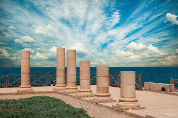 Archeological columns in Caesarea National Park, Israel