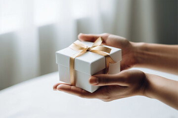 Hands opening gift box on white background, mother's day or father's day or holly day generative ai