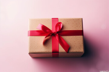 Pink gift box tide with red ribbons on pink background, mother's day or father's day or holly day generative ai