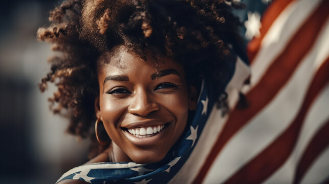 Photorealistic portrait of afro american beautiful yuong woman holding national American flag, generative AI