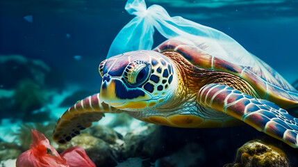Fototapeta premium Plastic pollution in ocean problem and Environmental Problem. Hawksbill turtle entangled of plastic bag Floating Up Over dirty Coral reef with garbage and plastic bags. Generative ai