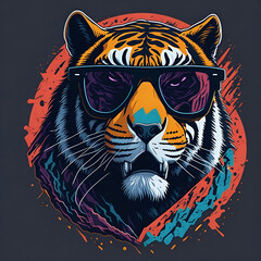 Artwork of t-shirt graphic design, flat illustration of one retro aggressive tiger, wearing a sunglasses