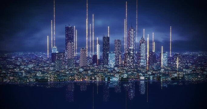 Smart City Covered By Free Wireless Network. High Speed Internet Connection. Technology Related 3D Animation.