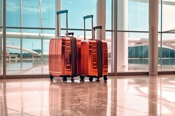 luggage suitcases at the airport wide banner with copy space area for vacations - Generative AI