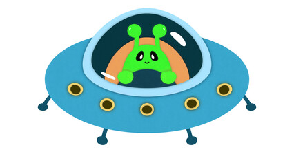 A UFO with a green alien fly on spaceship.  Funny cartoon illustration of flying saucer on isolated transparent background in style of cut paper. Extraterrestrial technologies and civilizations