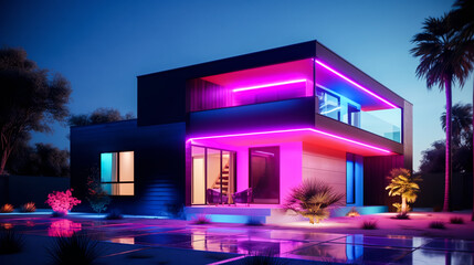 Modern villa with swimming pool in night neon light. Neon colored facade. Generative AI. High quality illustration