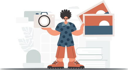 ﻿The person holds a camera and photographs in his hands. The concept of rest and travel. Trendy style, Vector Illustration