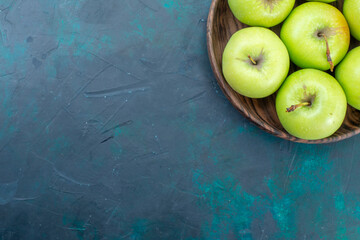 top view green apples fresh mellow fruits on the dark blue desk fruit fresh plant tree mellow