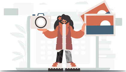 ﻿The never-ending woman holds a camera and photos in his hands. The concept of rest and travel. Trendy style, Vector Illustration