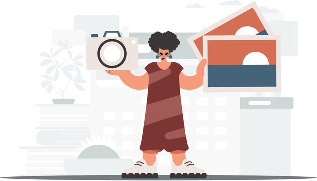 ﻿The never-ending woman holds a camera and photos in his hands. The concept of rest and travel. Trendy style, Vector Illustration