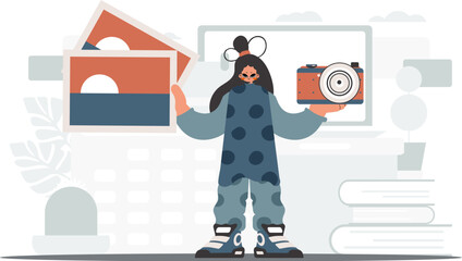 ﻿The never-ending lady holds a camera and photographs in his hands. The concept of rest and travel. Trendy style, Vector Illustration