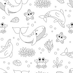 Vector black and white under the sea seamless pattern. Repeat line background with dolphin, whale, star, crab, seaweeds. Ocean life digital paper. Funny water animals and weeds coloring page.