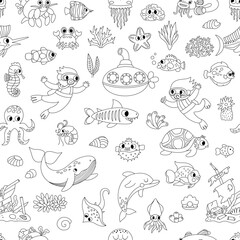 Vector black and white under the sea seamless pattern. Repeat background with cute fish, seaweeds, divers, submarine. Ocean life line digital paper. Water animals and weeds coloring page.