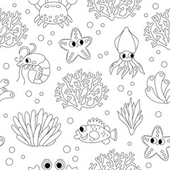 Vector black and white under the sea seamless pattern. Repeat line background with crab, starfish, squid, corals. Ocean life digital paper. Water animals illustration or coloring page with cute fish.
