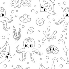 Vector black and white under the sea seamless pattern. Repeat line background with stingray, octopus, shells. Ocean life digital paper. Water animals and weeds illustration, coloring page with fish.