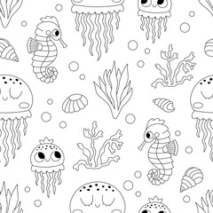 Fototapeta premium Vector black and white under the sea seamless pattern. Repeat line background with jellyfish and baby. Ocean life digital paper. Water animals and weeds illustration or coloring page with seahorse.