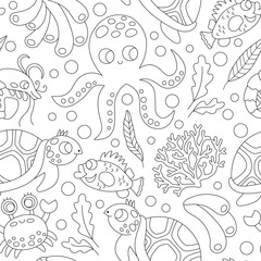 Vector black and white under the sea seamless pattern. Repeat line background with tortoise, octopus, corals, crab. Ocean life digital paper. Water animals illustration or coloring page with fish.