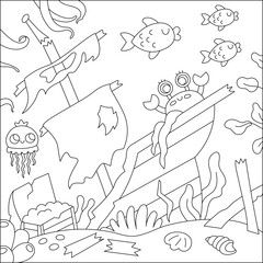 Vector black and white under the sea landscape illustration with wrecked ship, treasure chest. Ocean life line scene with seaweeds, corals, reefs. Cute square water background, coloring page.