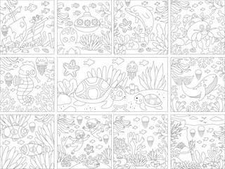 Vector black and white under the sea square landscapes set. Ocean life line scenes collection with seaweeds, corals. Cute water nature backgrounds or coloring page with shipwreck, divers.