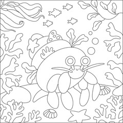 Vector black and white under the sea landscape illustration with hermit crab. Ocean life line scene with sand, seaweeds, corals, reefs. Cute square water nature background, coloring page.