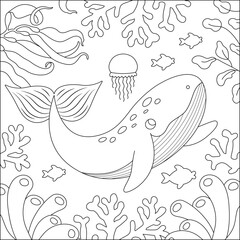 Obraz premium Vector black and white under the sea landscape illustration with blue whale and corals. Ocean life line scene with sand, seaweeds, reefs. Cute square water nature background, coloring page.