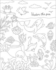 Vector black and white under the sea landscape illustration with rock slope. Ocean life line scene with animals, dolphin, whale, shark, seagull. Cute vertical water nature coloring page, background.