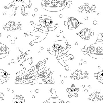 Vector black and white under the sea seamless pattern. Repeat line background with fish, seaweeds, divers, submarine. Ocean life digital paper. Water animals coloring page with wracked ship.