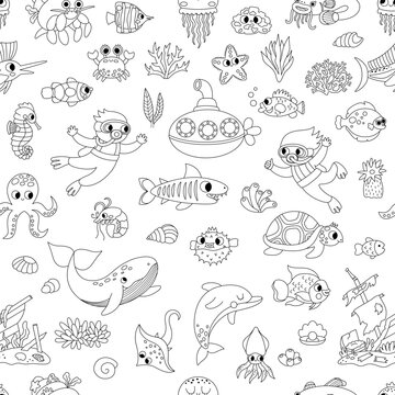 Vector black and white under the sea seamless pattern. Repeat background with cute fish, seaweeds, divers, submarine. Ocean life line digital paper. Water animals and weeds coloring page.
