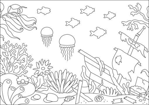 Vector black and white under the sea landscape illustration with wrecked ship. Ocean life line scene with seaweeds, stones, corals, reefs. Cute horizontal water nature background, coloring page.