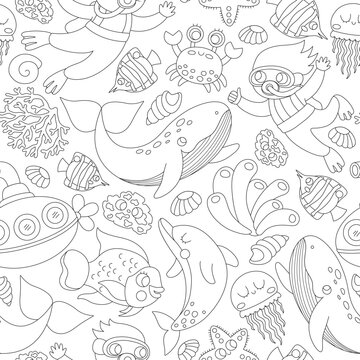 Vector black and white under the sea seamless pattern. Repeat line background with fish, seaweeds, divers, submarine. Ocean life digital paper, coloring page with water animals, dolphin, whale.