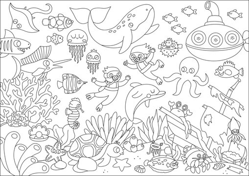 Vector black and white under the sea landscape illustration. Ocean life line scene with animals, dolphin, whale, submarine, divers, wrecked ship. Horizontal water nature background, coloring page.