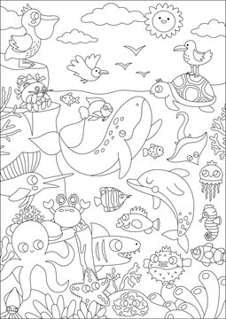 Vector black and white under the sea landscape illustration with rock slope. Ocean life line scene with animals, dolphin, whale, seagull, pelican. Vertical water nature background or coloring page.