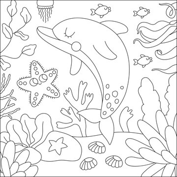 Vector black and white under the sea landscape illustration with dolphin and starfish. Ocean life line scene with sand, seaweeds, corals, reefs. Cute square water nature background, coloring page.